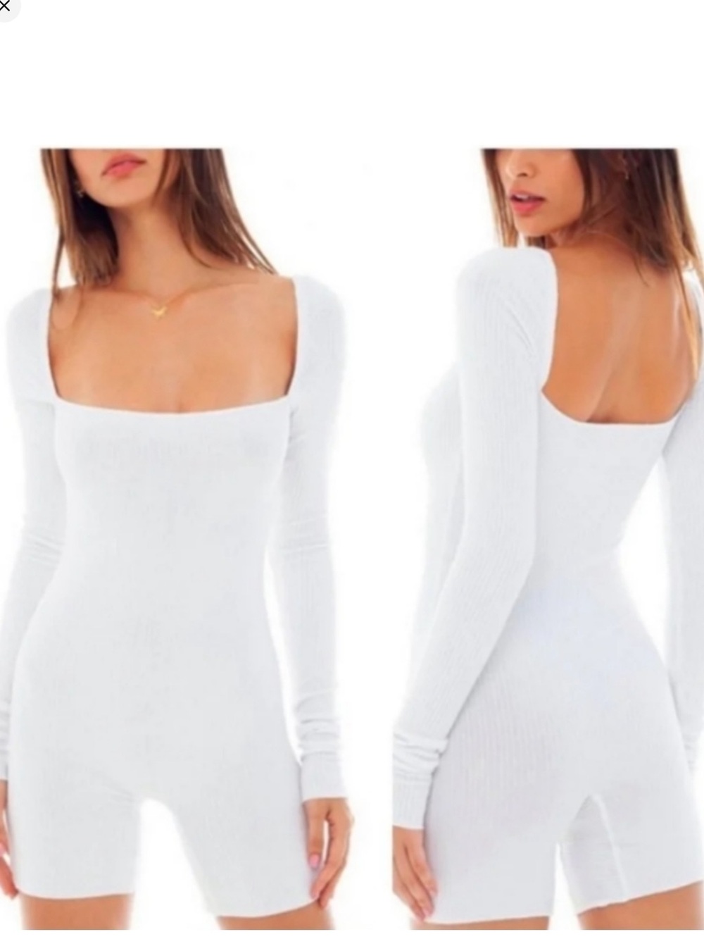 ARE YOU AM I White Square-Neck Ribbed Long-Sleeve Bodysuit Romper